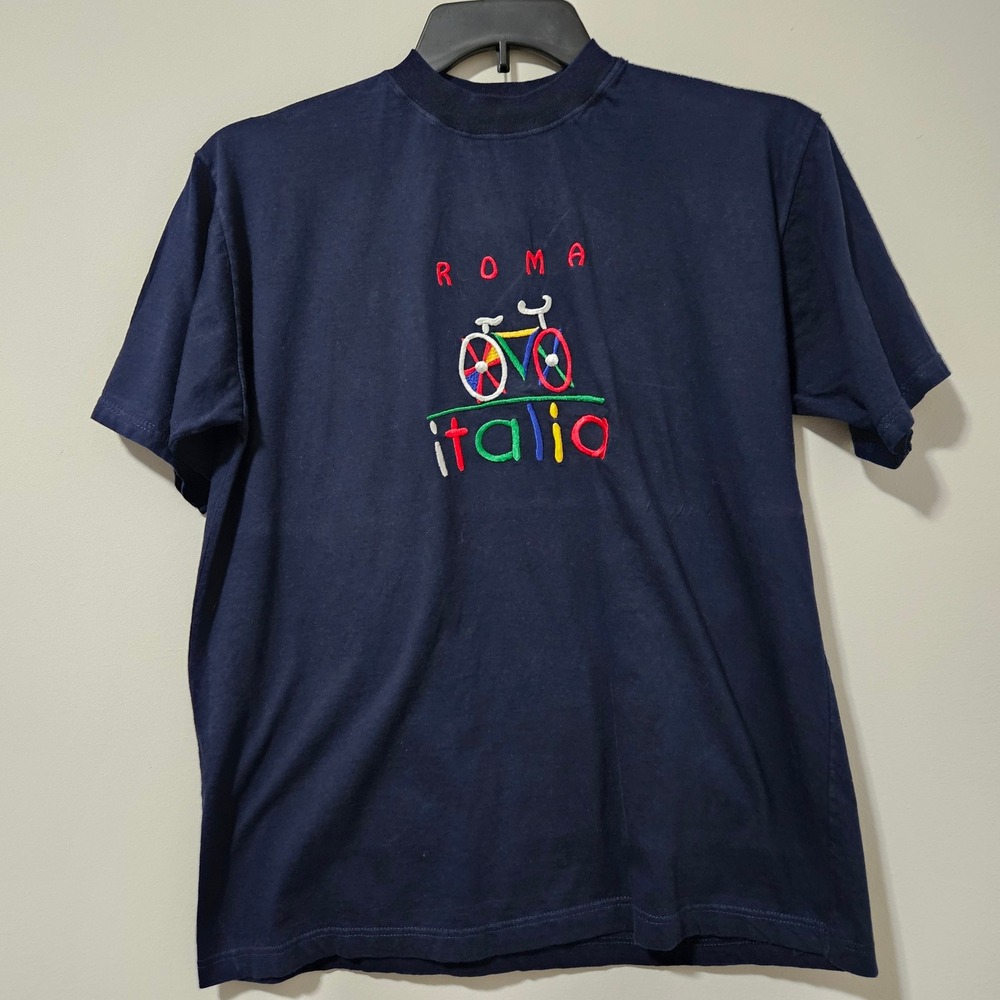 Vintage Roma Italia Bicycle Embroidered T-Shirt Navy Blue Made in Italy XL Mens